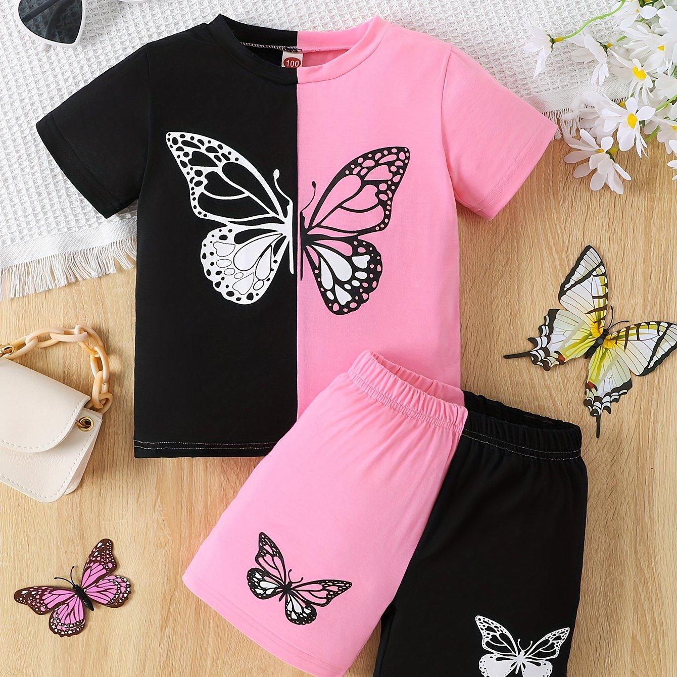 

Color Clash для девочек, комплект из 2 предметов, футболка и шорты, топ с короткими рукавами и принтом мультяшной бабочки, повседневная одежда, детская одежда на лето 110