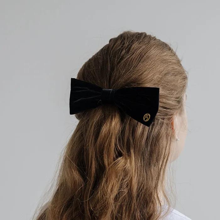 HTY044 Glossy leather black ribbon hair pin