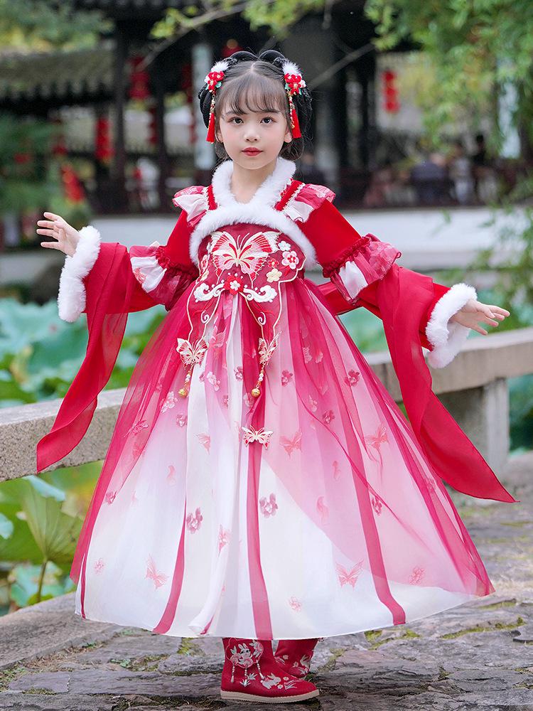 Dziewczęce zimowe Hanfu 2025: Aksamitna Spódnica Tang - Starochiński Styl dla Dzieci