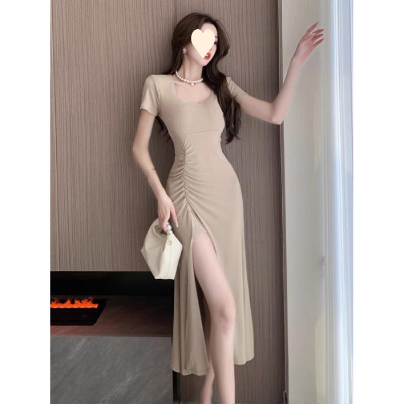 Summer dress new light and mature style sexy temperament split-ended dress niche design sense slim and thin pleated long dress women
