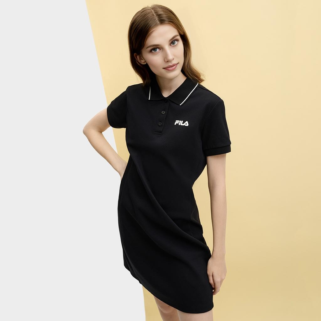 FILA Original Solid Color Comfortable Casual Versatile Polo Collar Short Sleeve Dress Women Dresses Black F51W529316F-BK