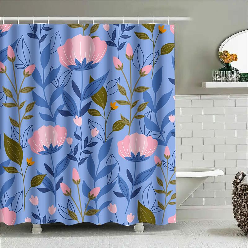 Modern Floral Shower Curtain Soft Pink Blue Leaves Pattern For Bathroom Decor Waterproof Fabric Bath Mat Set (180X180Cm) [Aliexp