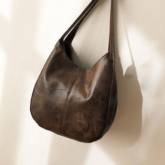 Vintage Solid Color Faux Leather Handbag Women Large Capacity Tote Shoulder Bag