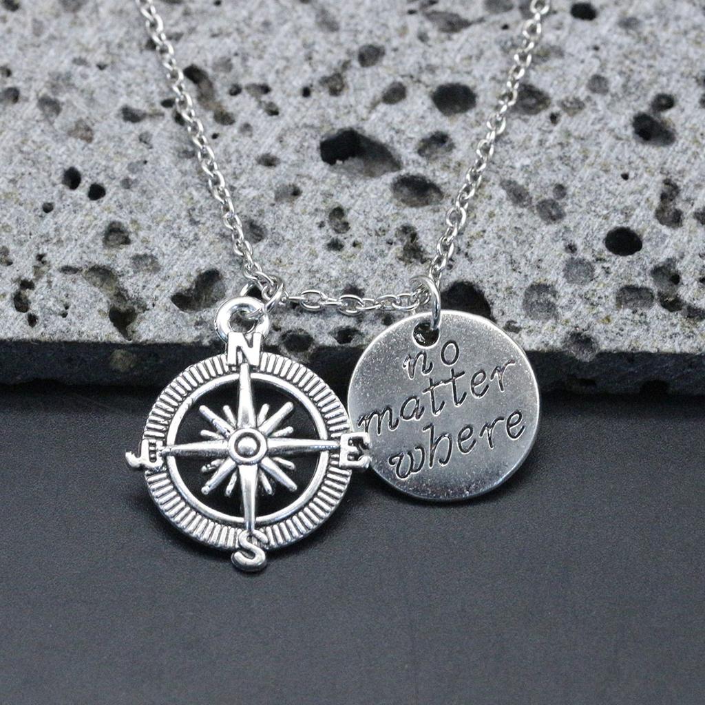 Vintage Style Compass Necklace With Inspirational No Matter Where Pendant Minimalist Silvery Chain Jewelry Accessory For Travel And Daily Wear