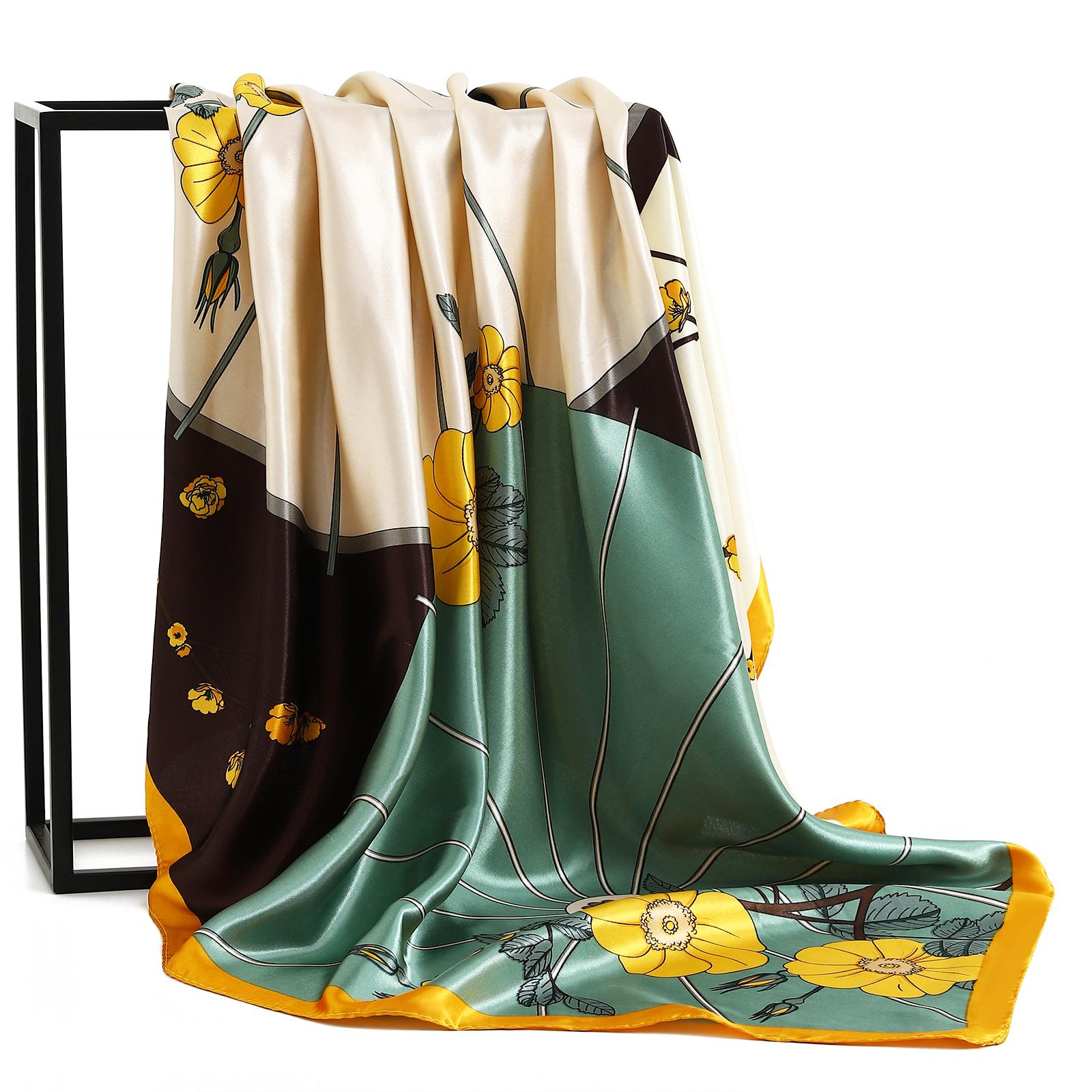 

Scarves 90*90Cm Women Print Twil Hair Neck Square Silk Scarf Office Lady Shawl Bandana 90X90Cm Muslim Hijab Handkerchief Korean