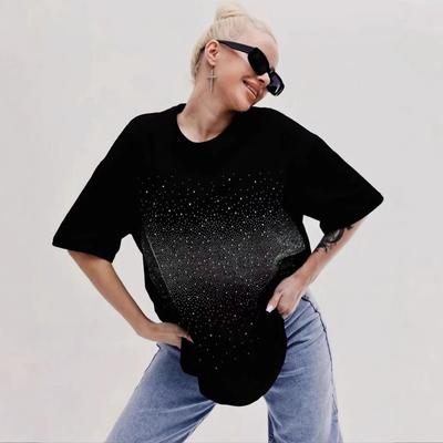 Summer 100% Cotton Solid Hot Fix T-shirts Women Harajuku Oversized Short Sleeve Black Y2k Tops Streetwear Casual T Shirt Female