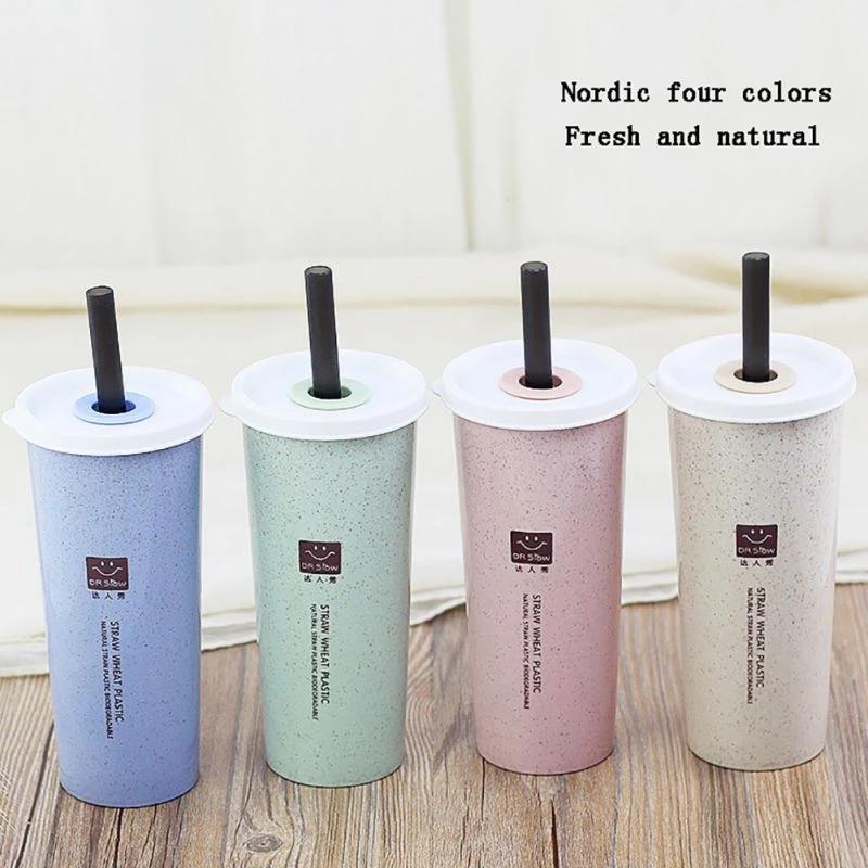 Straw Reusable Straw Kettle Tea Cup with Double Cover Straw for Juice Drink (Random)  500ml