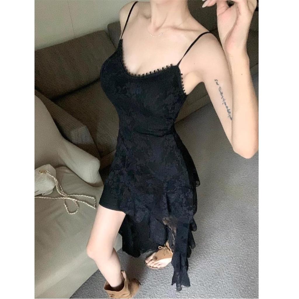 Elegant Women's Lace Ruffle Camisole Dress with Irregular Skirt and Slimming Waist-A-Line Design