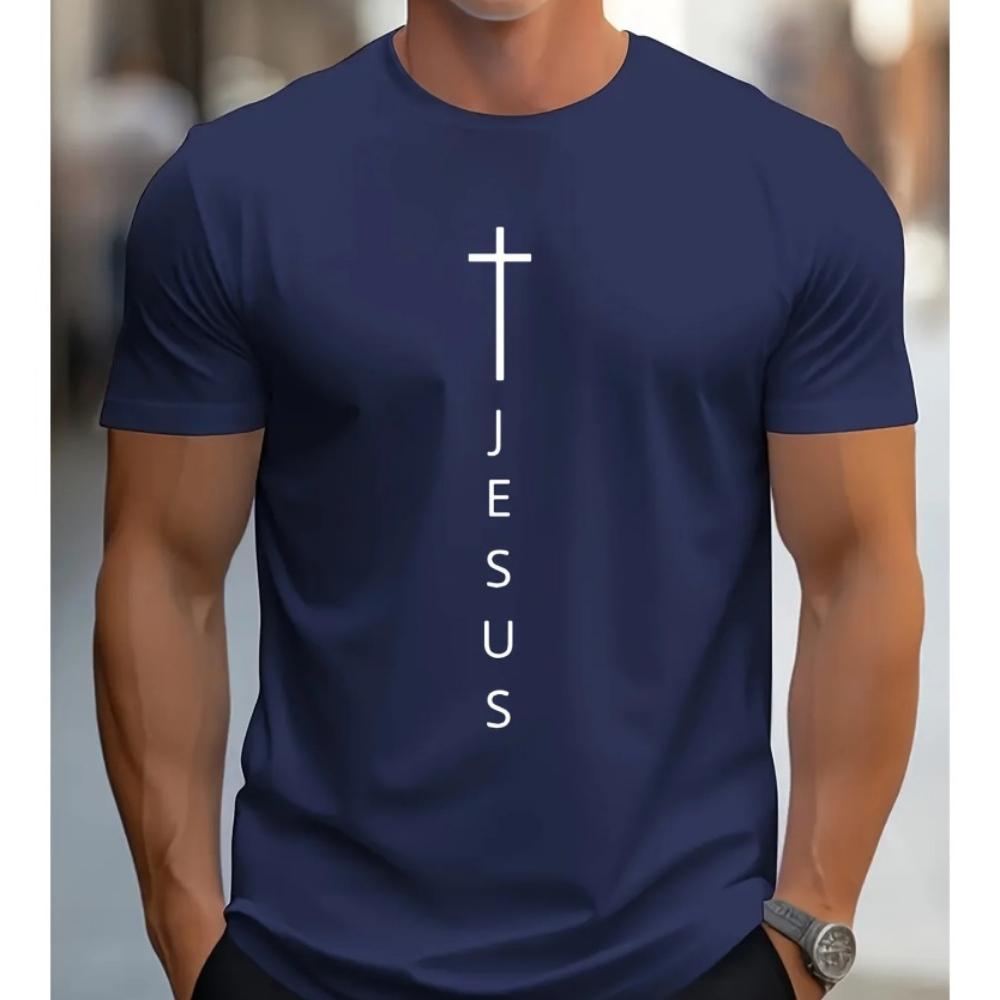Mens Summer High Quality Cotton Tops Fashionable Casual Loose Large Cross and Jesus Letter Printed Sports Round Neck Tops
