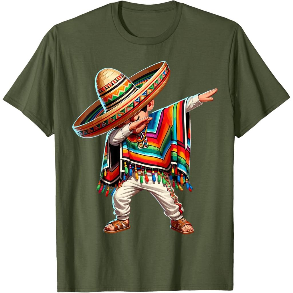 Mexican Boy Dabbing Poncho Sombrero Graphic Tee Cinco de Mayo Casual Cotton T-Shirt