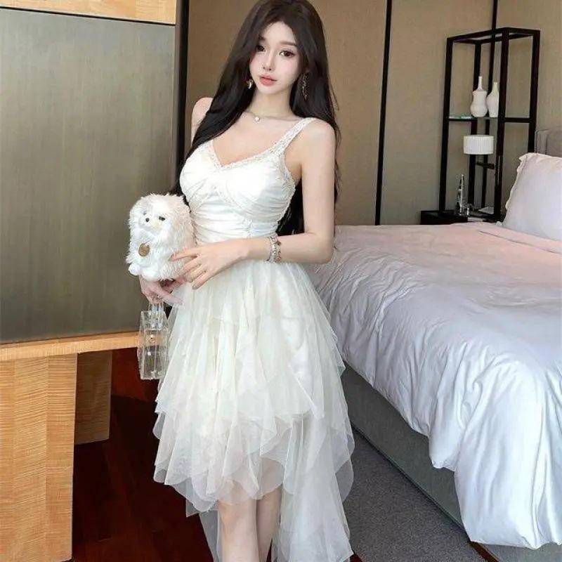 Light luxury high-end birthday dress princess mesh suspender dress long dress irregular skirt