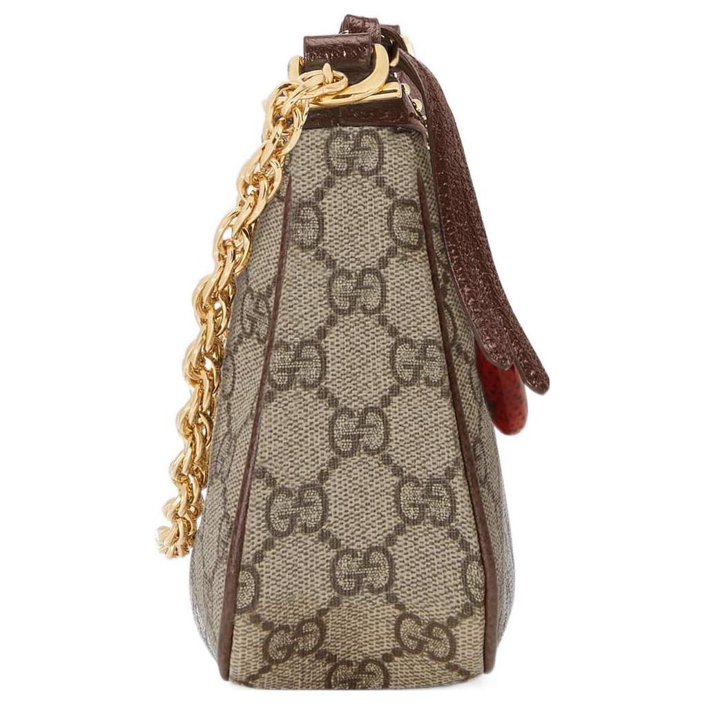 Gucci Borsa a Spalla GG Marmont in Tela con Ciondolo Fragola, Beige Marrone Pelle, Striscia Web, per lo Shopping Quotidiano 735132-FABLE-9442