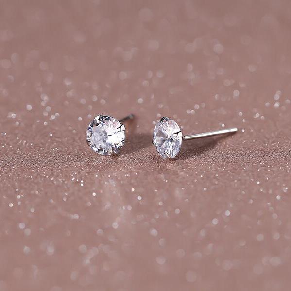 PONYKISS Real Sterling Silver Round Zircon Stud Earrings For Women Classic Fine Minimalist Ear Piercing Accessories