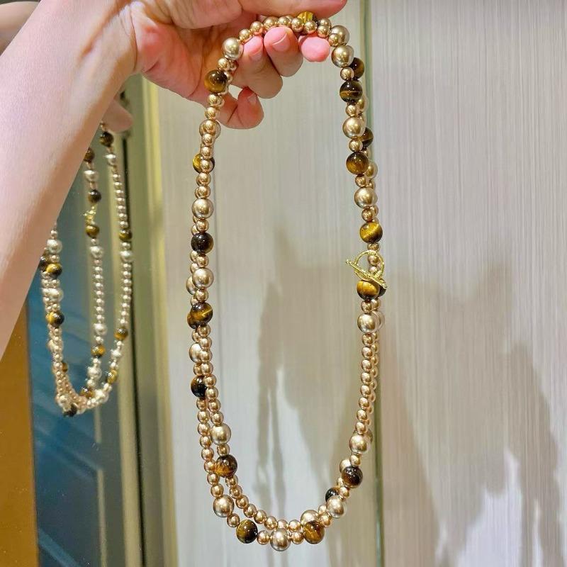 Maillard Natural Boutique Œil de Tigre Pierre Couleur Mixte Brun Mocha Doré Collier de Perles Collier pour Femme
