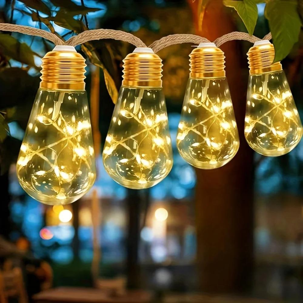 Vintage Hemp Rope Solar String Lights Outdoor, Waterproof Garden Decor Fairy Light for Patio Gazebo Fence Yard