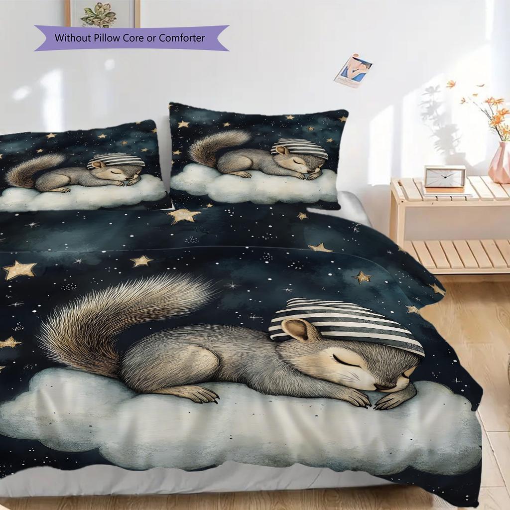 Squirrel Pattern Bedding Quilt Set Quilt Cover Pillowcase Home Decoration Birthday Gift (1 * Duvet Cover + 2 * Pillowcase, Without Core)