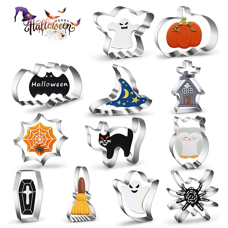 12PCS Halloween Cookie Cutter Set Pumpkin Ghost Bat Shape DIY Chocolate Fondant Mold Biscuits Mould Halloween Baking Tools