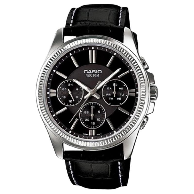 CASIO Customized watch modified series Qianxuan platinum silver three-strap three-eye dial fashion trend MTP-1375L-1AVDF(Watch5-GaiZhuang-QianXuanBo) чёрный