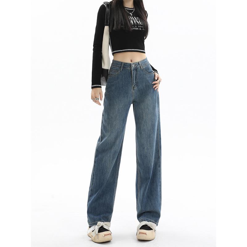 Women's Retro Blue Wide-Leg Fleece-Lined High-Waist Jeans - Plus Size, Floor-Length, Autumn/Winter 2024