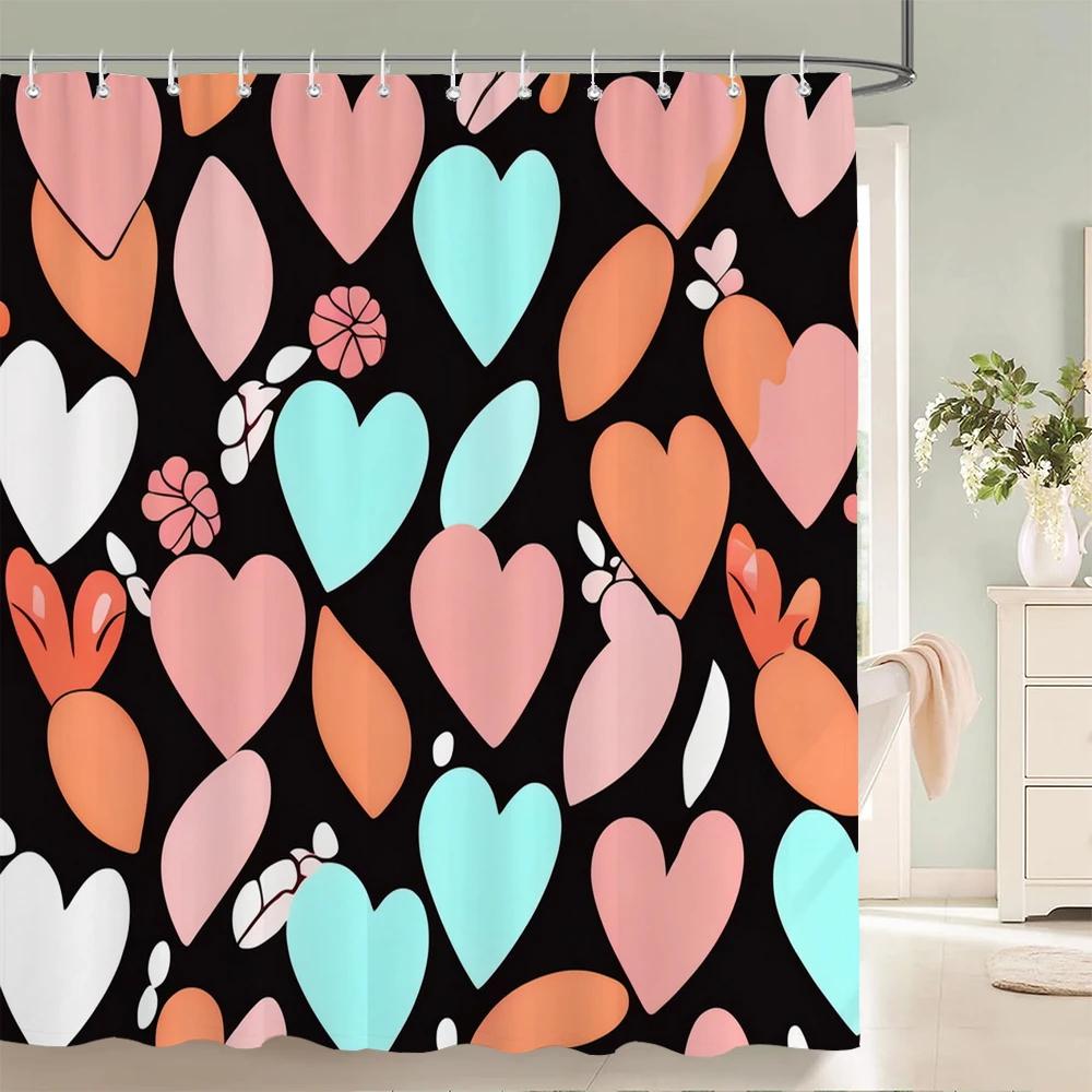 1Pcs Colorful Love Pattern Fabric Waterproof Shower Curtain, Home Decoration Romantic Heart Shape Bathroom Curtain, with Hooks