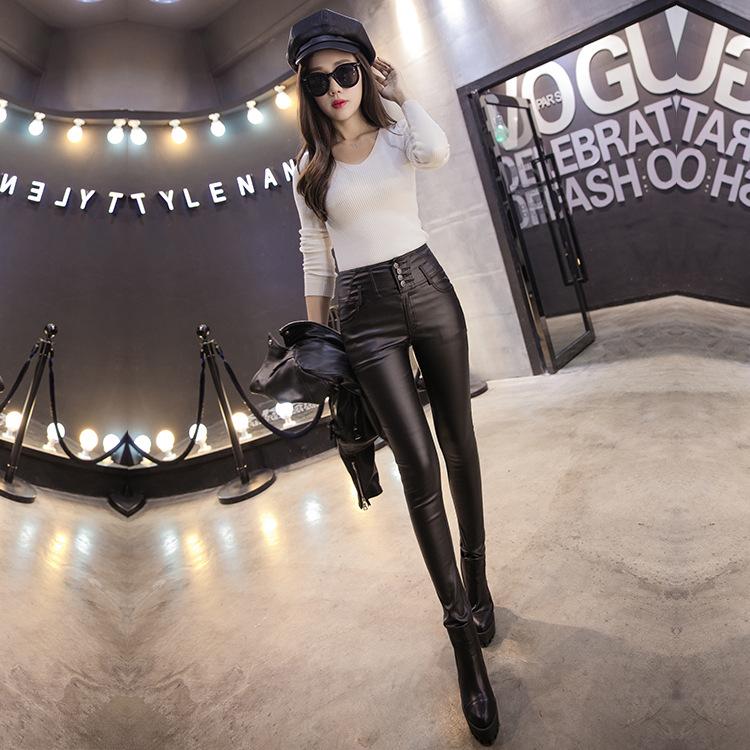 Pantaloni Skinny Invernali da Donna in Ecopelle PU Neri Caldi Leggings in Velluto a Vita Alta per Indossare all'Aperto