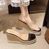 One Word with Transparent Outer High Heel Waterproof Table Thick Heel Cool Slippers 2025 New Women's Summer Outer Wear