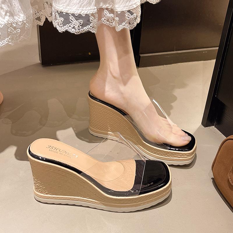 One Word with Transparent Outer High Heel Waterproof Table Thick Heel Cool Slippers 2025 New Women's Summer Outer Wear
