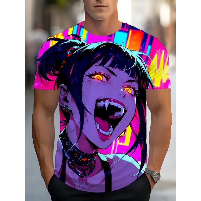 Men's Plus Size 3D Anime Pattern Printed Round Neck Short Sleeved Shirt