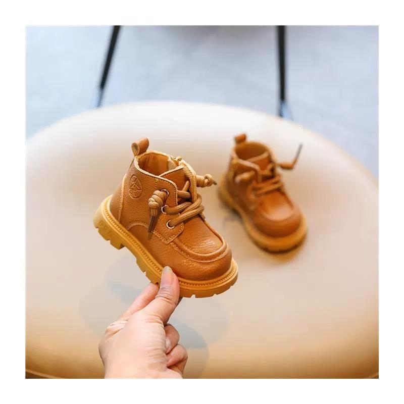 Children's Yellow Leather Martin Boots: Soft Sole Autumn/Winter Toddler Walking Shoes for Boys and Girls.