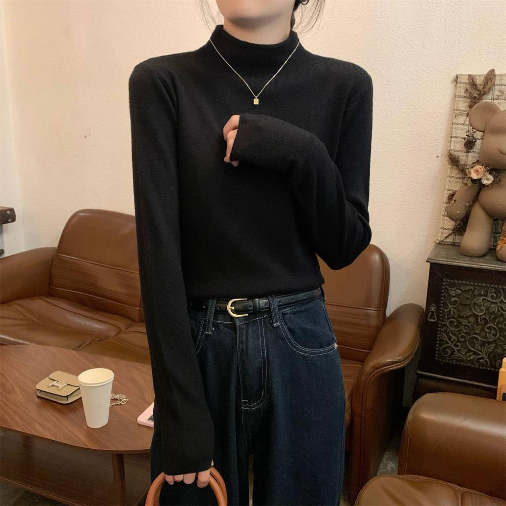 Autumn and winter warm small stand-up collar with knitted bottoming shirt inside, women's stacked long-sleeved solid-color versatile soft waxy 