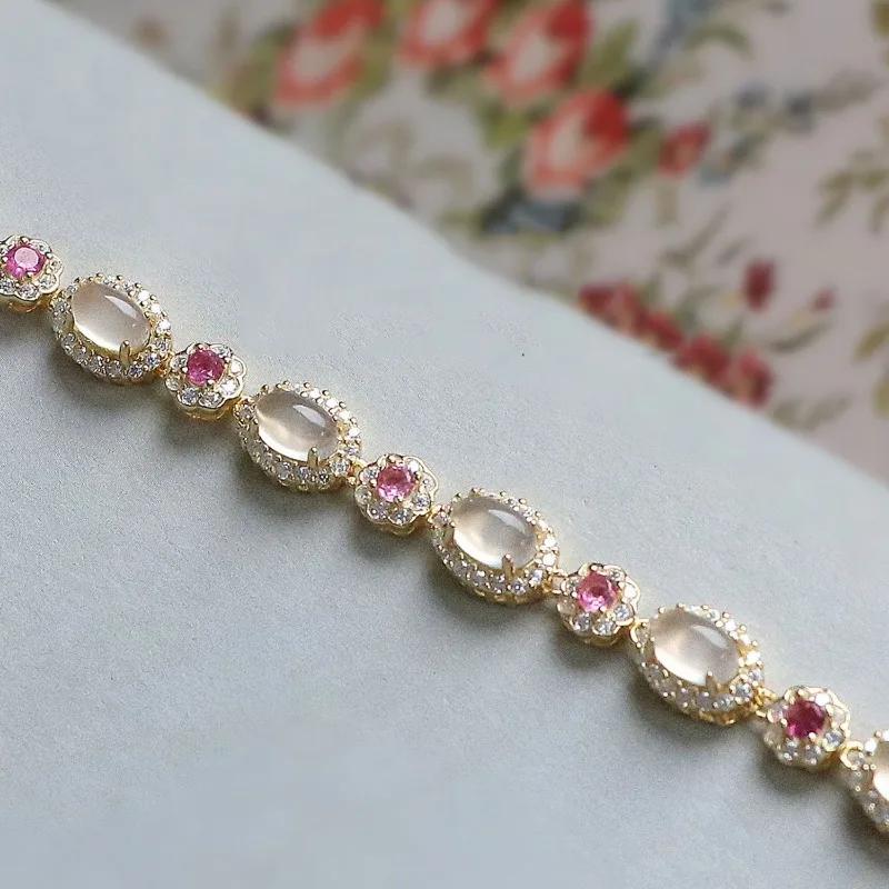 Exquisite Flowers Gentle Style Natural Chalcedony Oval  Bracelet for Women Sweet New In Bangles Wedding Jewellry