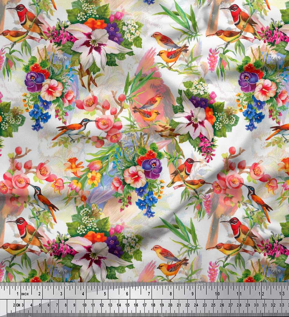 

Японська креп-сатин Soimoi Тканина з квітковим принтом «Птахи, листя та лілія» 1 метр 42 дюйма 42 Inch Wide - Poly Crepe білий