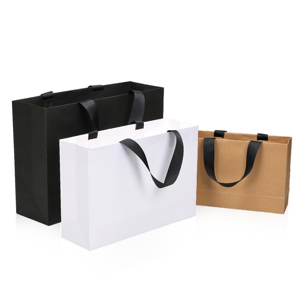 In-Stock Kraft Paper Tote Bag with Solid Color Ribbon Handle for Gifts and Shopping
