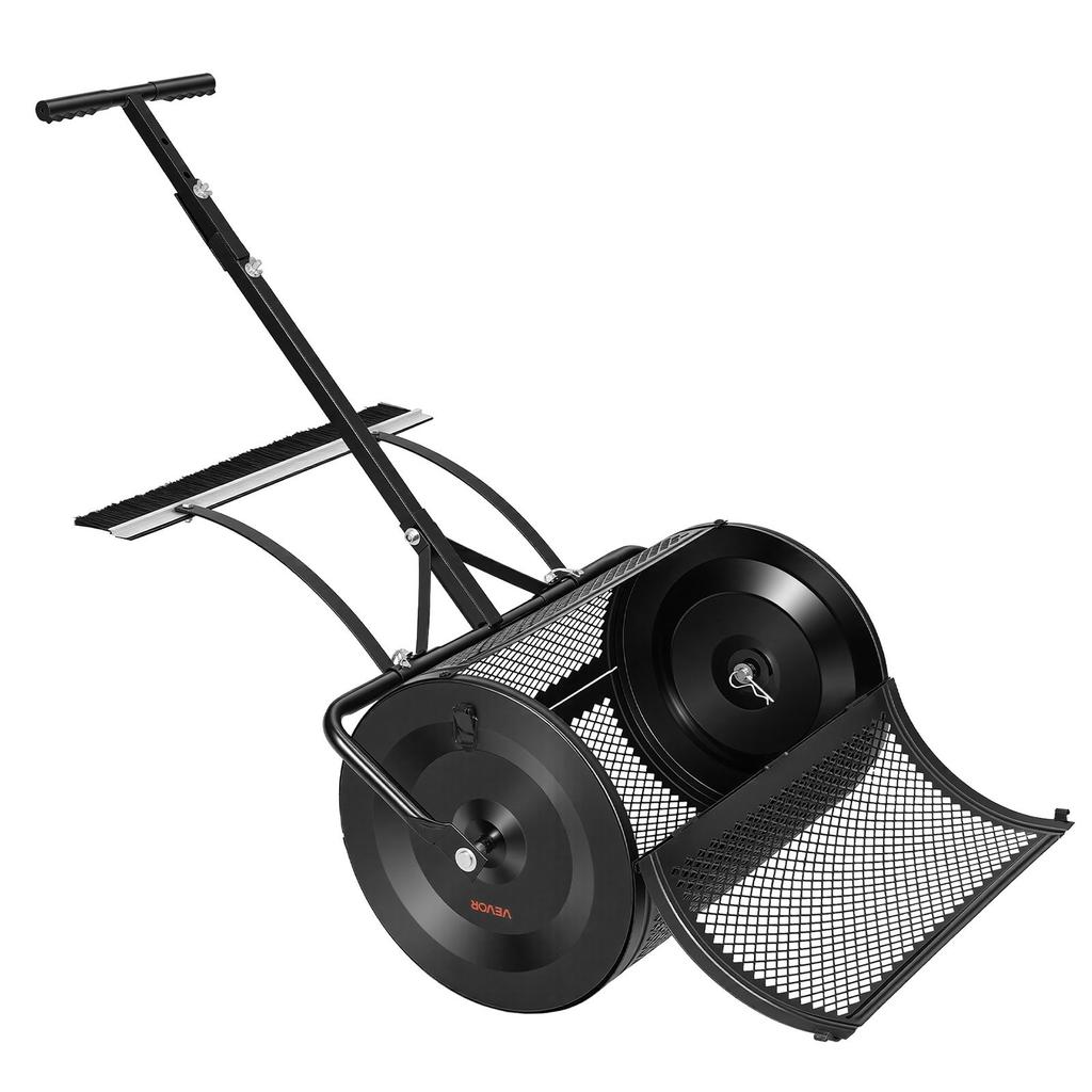 Rozsiewacz Kompostu, 61 cm Szerokości Rozsiewacz Torfu z Rączką Pchającą/Ciągnącą i Szczotką, 4 Regulowane Wysokości, Stalowy Malowany Proszkowo Ogródkowy Wałek do Torfu, Ciężki