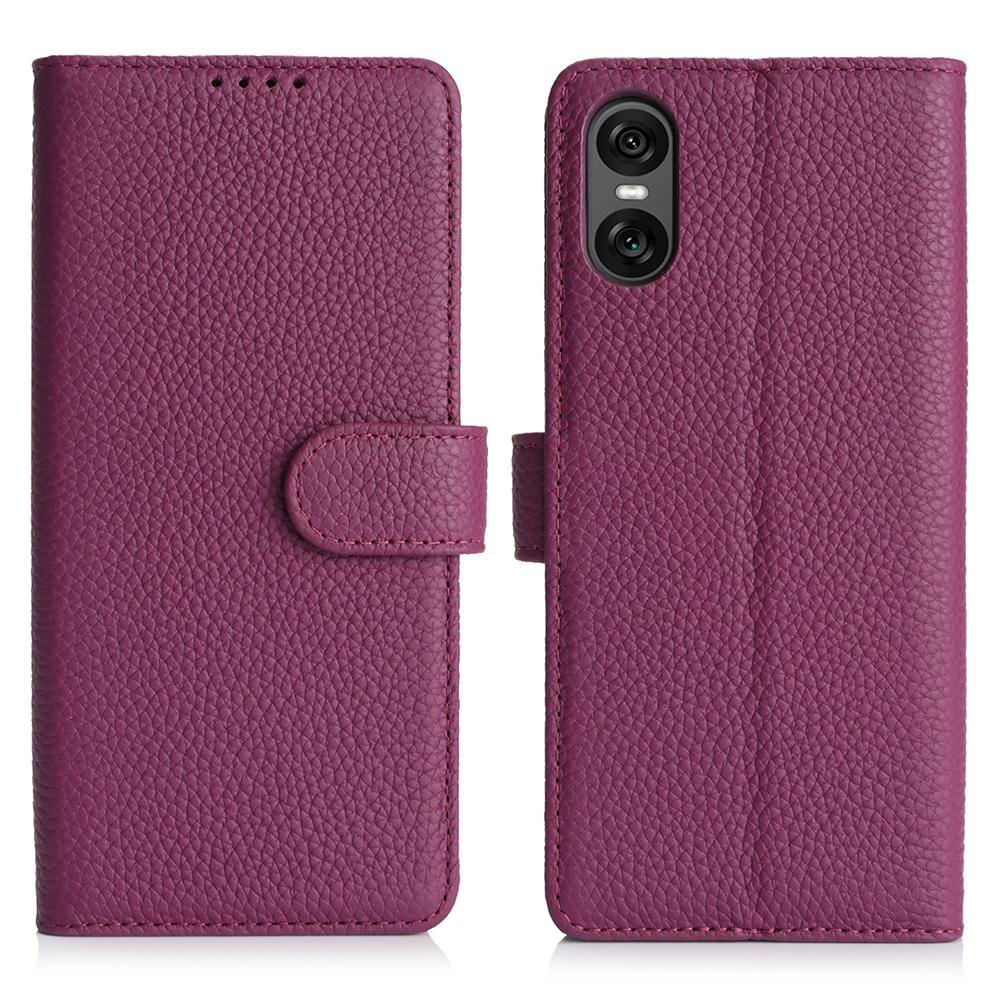For Sony Xperia 10 VI Stand Case Litchi Texture Genuine Cow Leather Wallet Phone Cover RFID Blocking