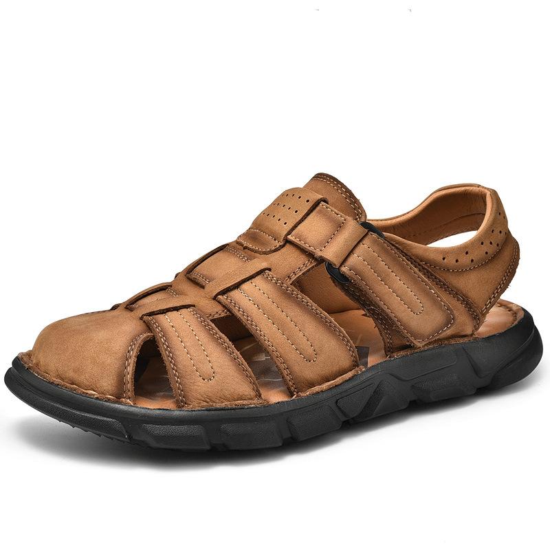 

2025 summer new men s sandals leather baotou outdoor mountaineering wear-resistant soft-soled beach shoes breathable casual shoes 48 светло-коричневого