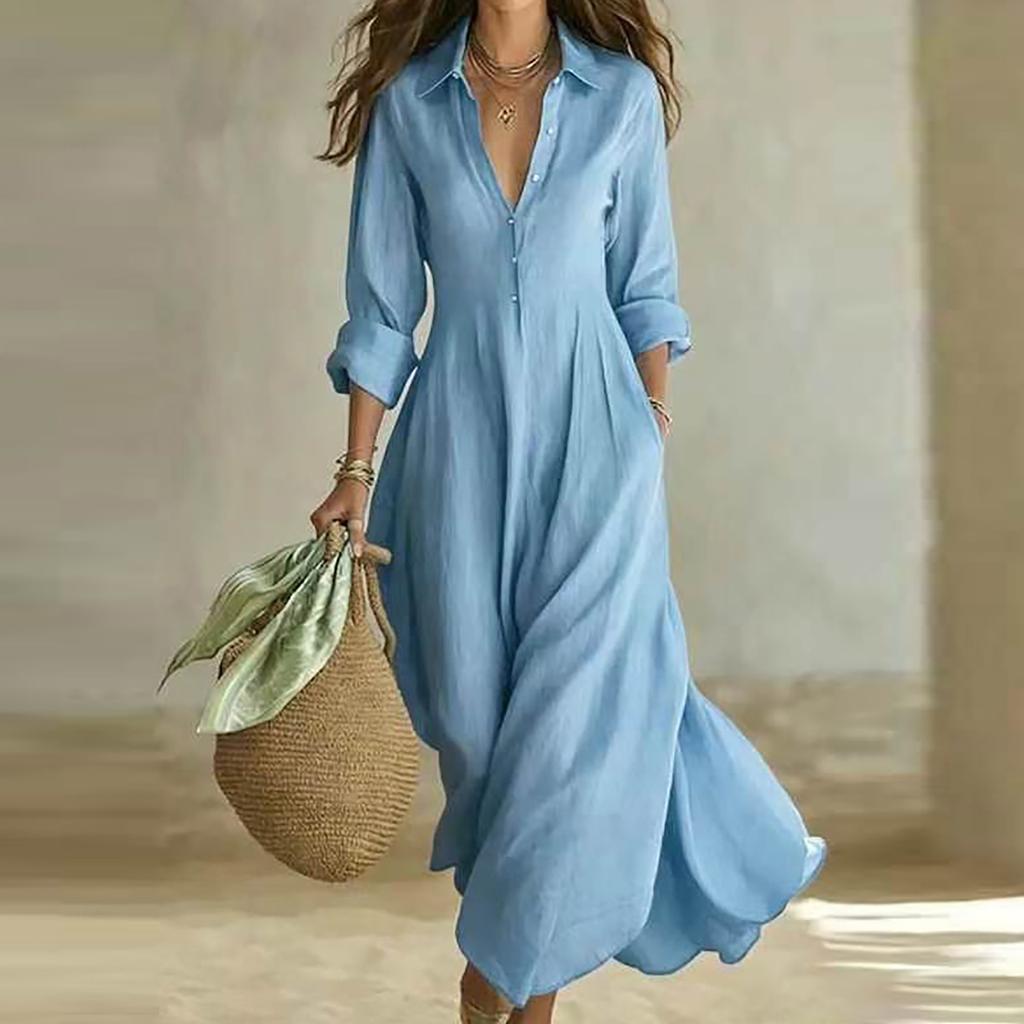 Women's Casual Vintage Shirt Dress with Long Sleeves and Button Front - Color