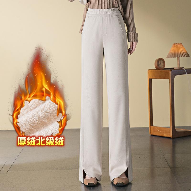 Wool Straight Narrow Wide-leg Pants Women's Fleece Thickened Winter New Thin Casual Elastic Waist Trousers