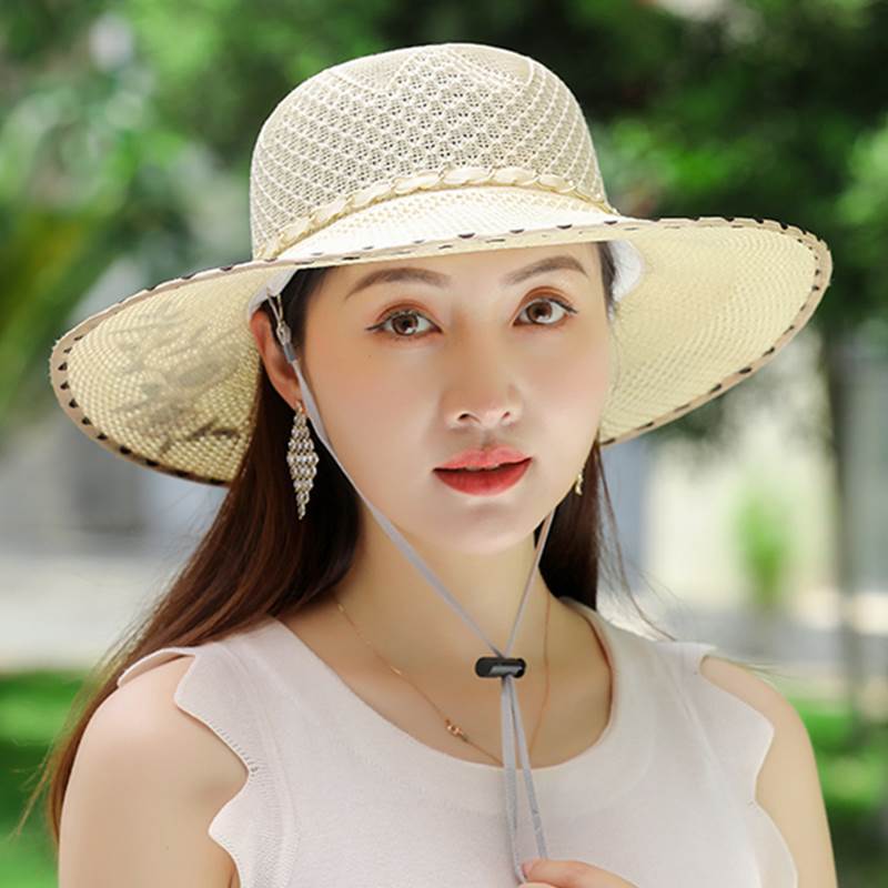 Cappello da Sole da Donna in Paglia a Rete con Ampia Visiera Protezione UV Estivo Cappello da Spiaggia Pieghevole Leggero Cappello da Viaggio con Mentoniera