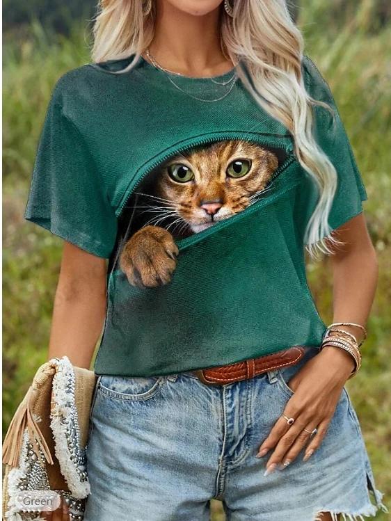 Funny Cat 3D Print Graphic T Shirt Women Fashion Casual O-Neck Oversized Short Sleeve T-shirt Animal Tops Tees Designer Clothes