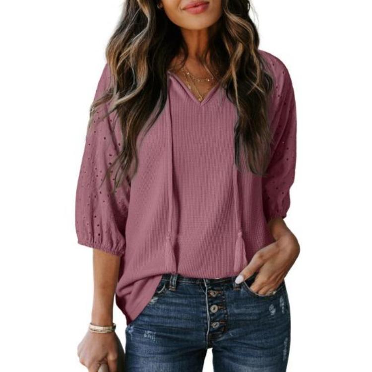 

V Neck Women Tshirt Loose Fit Pullover Tops Jacquard Decor 3 4 Sleeves Solid Color Casual Party Daily Wear 2XL рожевий червоний колір