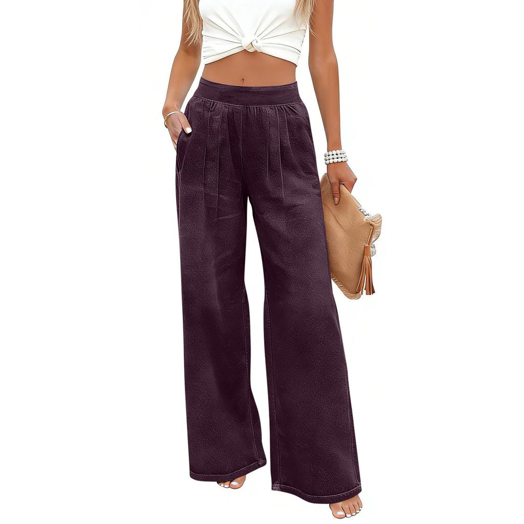 Women's Fashionable Color Elastic Waist Pocket Loose Wide Leg Imitation Denim Casual Pants