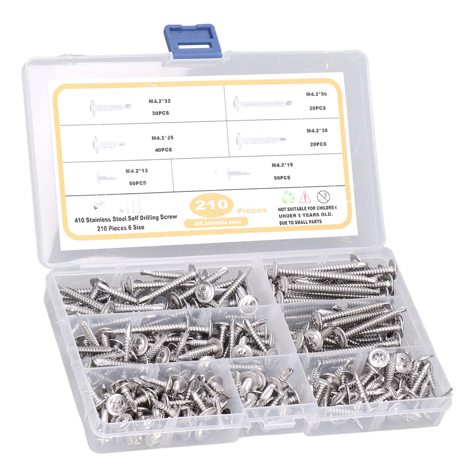 

210pcs Stainless Steel Round Head Self Drilling Screws with Transparent Storage Case