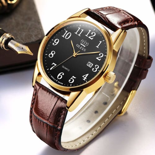 OLEVS Men's Watch Arm Watch Stylish Ultra Thin Leather Strap Quartz Analog Date Display Watch for Men