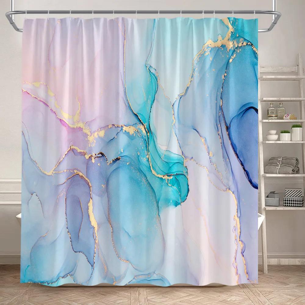 Marble Shower Curtain Set Creative Watercolor Ink Art Geometric Modern Bathroom Decor Floor Rug Bath Mats Toilet Lid Cover