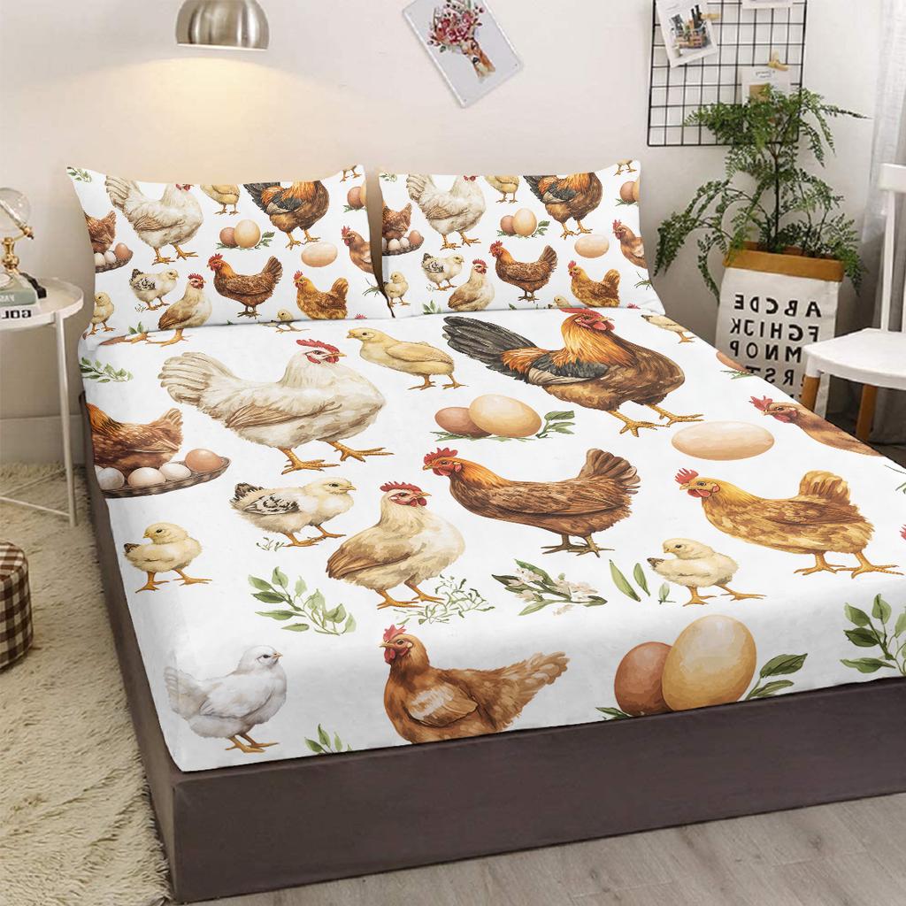 Three-Piece Bedding Set With Hen And Eggs, With Two Pillowcases, Suitable For Living Room And Bedroom (Farmhouse, Lifestyle)