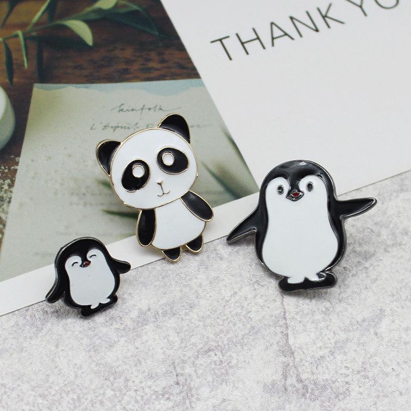 Cross-border Black & White Design: Cute Panda & Silly Penguin Brooch for Denim Jacket