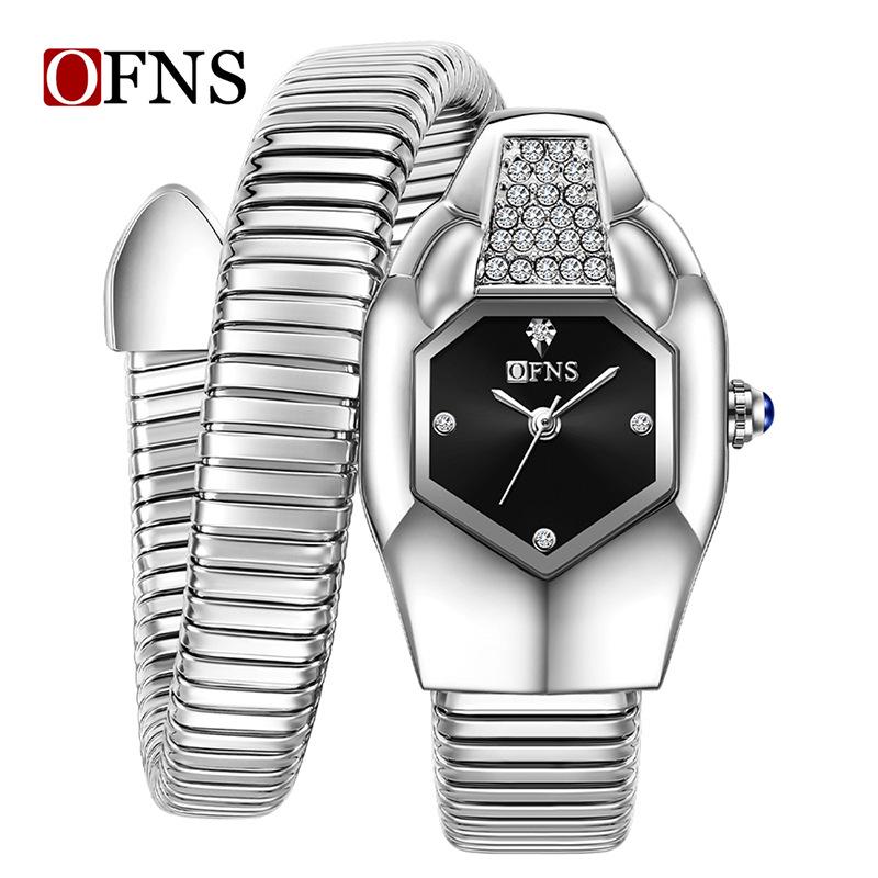 SANDA Women's Luxury Snake Head Bracelet Watch with Roman Mother-of-Pearl Dial, Diamond Accents, English Two-Hand, 30M Water Resistant.