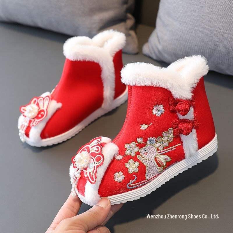 Cizme de Bumbac Căptușite cu Lână Hanfu pentru Copii - Stil Iarnă 2026, Pantofi Tradiționali Chinezești Brodați pentru Fete