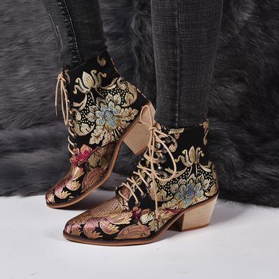 Thick Heeled Boots With Pointed Embroidery And Ethnic  Short Boots For Women